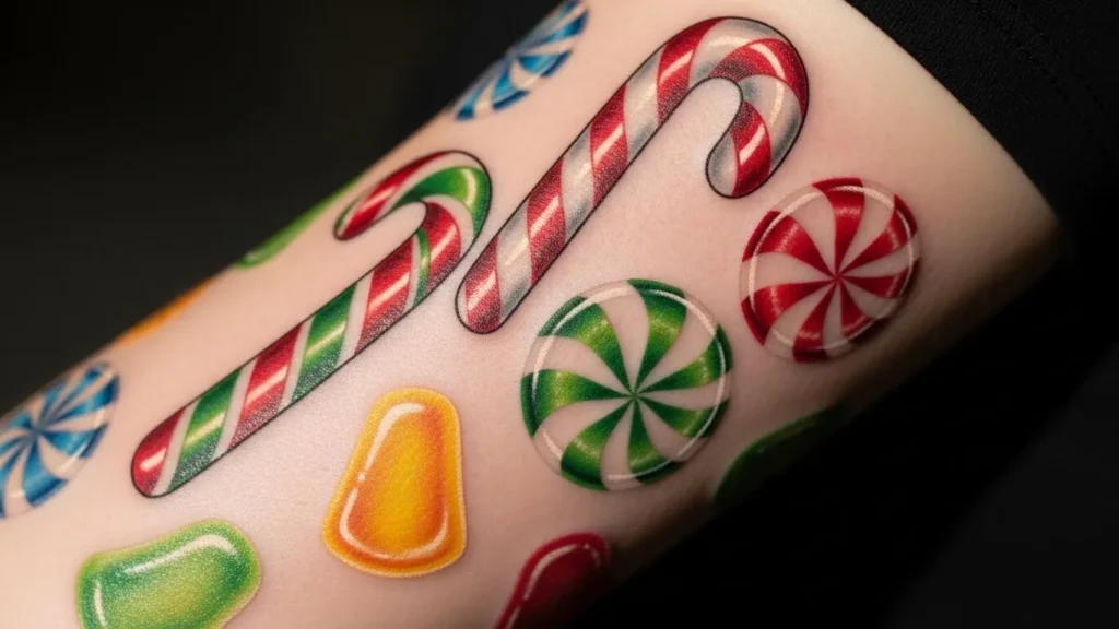 26 Stylish Christmas Candy Tattoos That Pop With Color