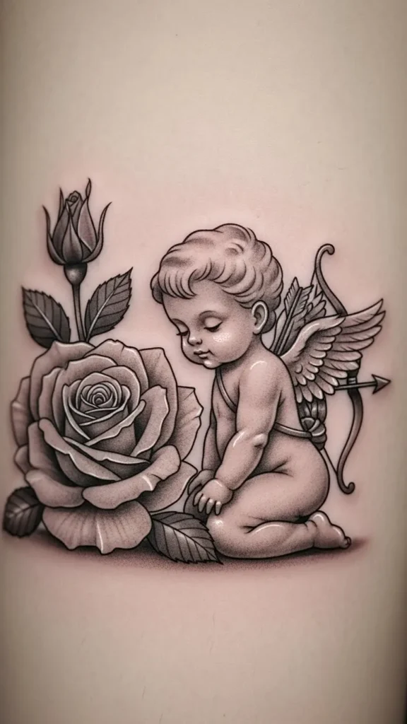 Baby Cupid with Garden Rose