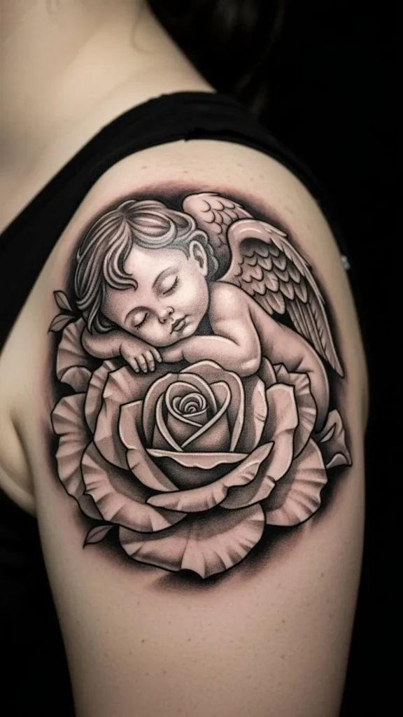 Cherub Resting on Rose Petals