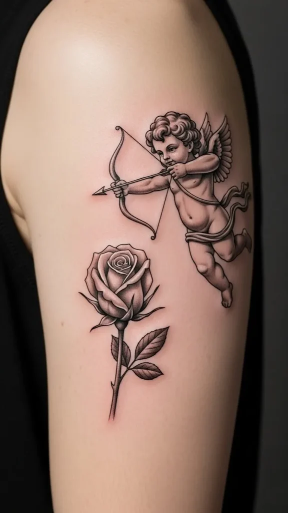Classic Cupid Aiming at a Rosebud