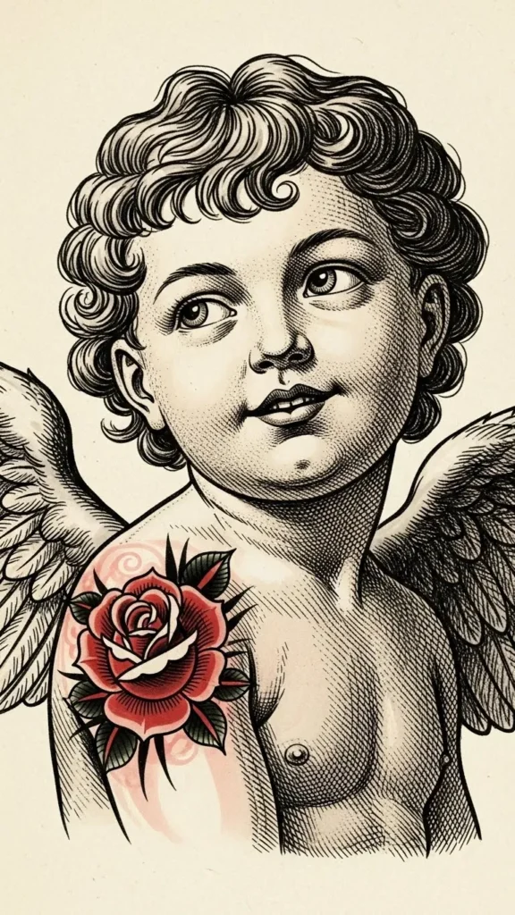 Classic Roman-Style Cupid and Rose