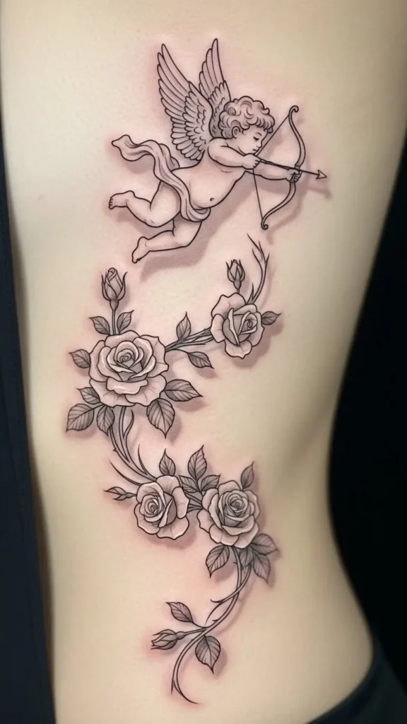 Cupid Flying Above Rose Vine