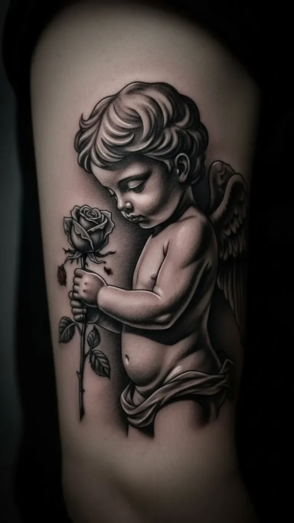 Cupid Holding Wilted Rose
