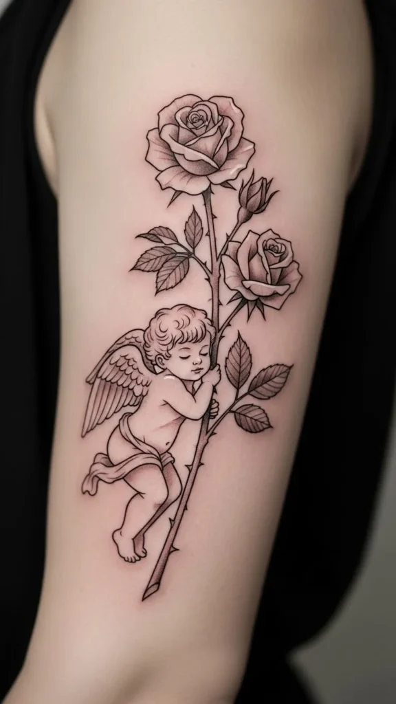  Cupid Resting Against Rose Stem