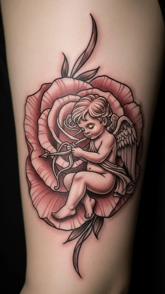 Cupid Sitting Inside a Rose Bloom
