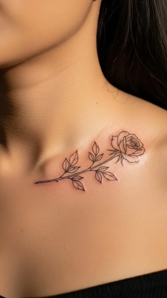 Fine Line Rose on the Collarbone