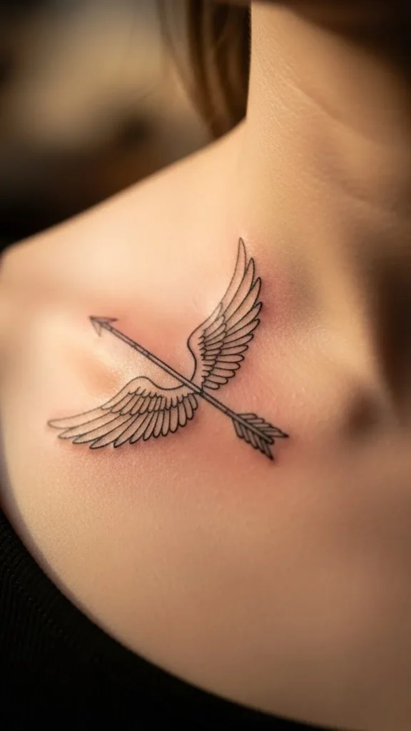 Fine-Line Winged Arrow on the Collarbone