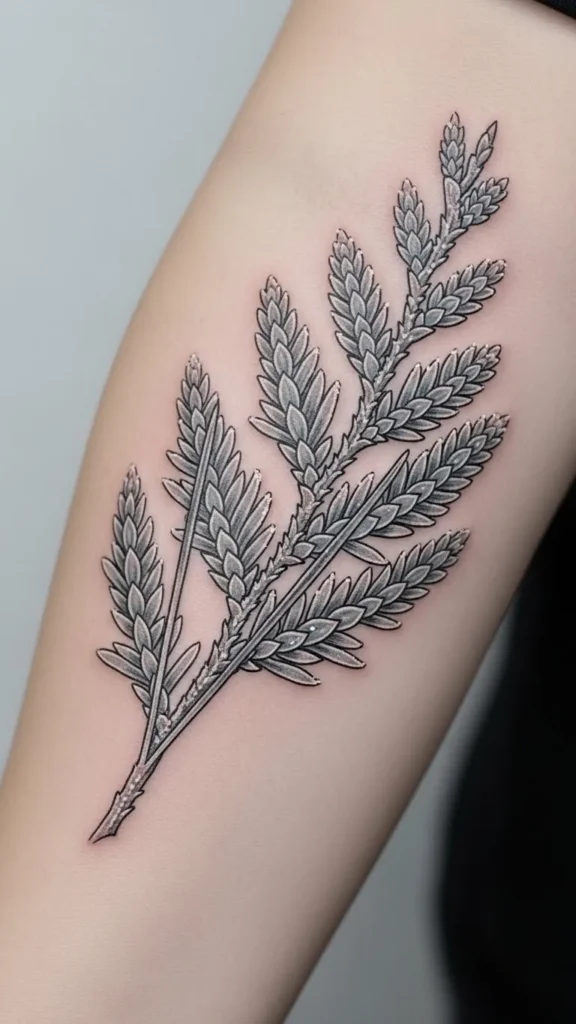 Frost-Clustered Cedar Leaf