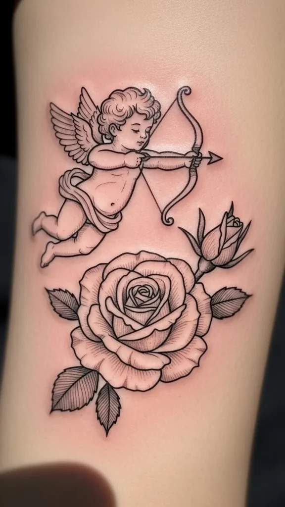 Hand-Drawn Cupid with Garden Rose