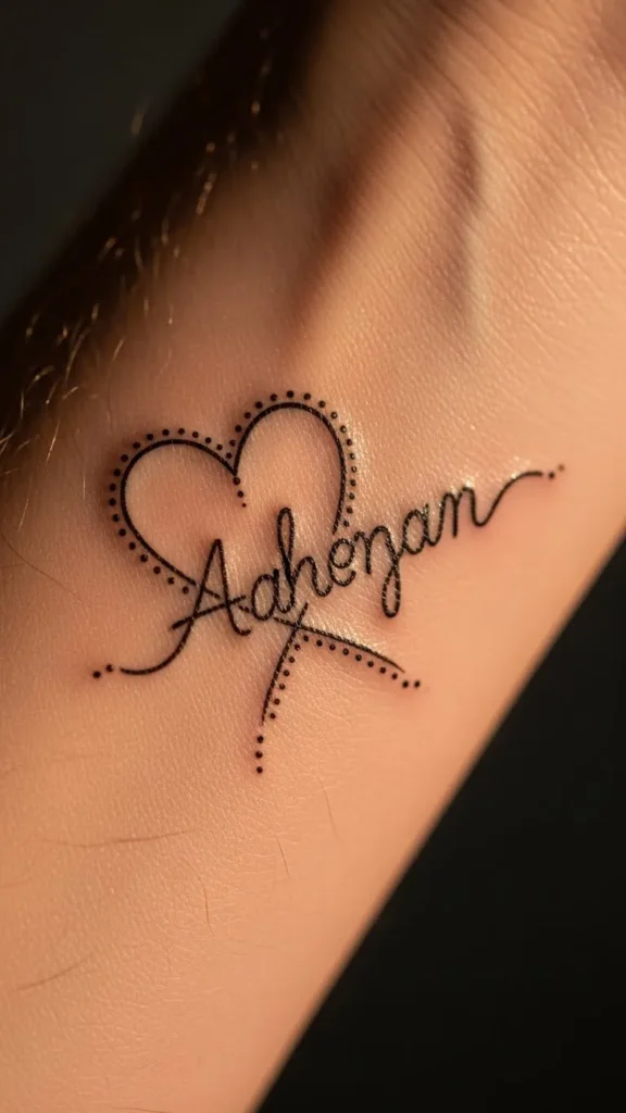 Heart Name Tattoo With Subtle Dots