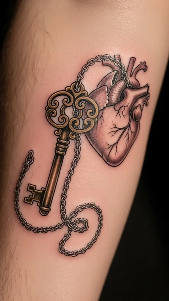 Key and Heart Chain Tattoo