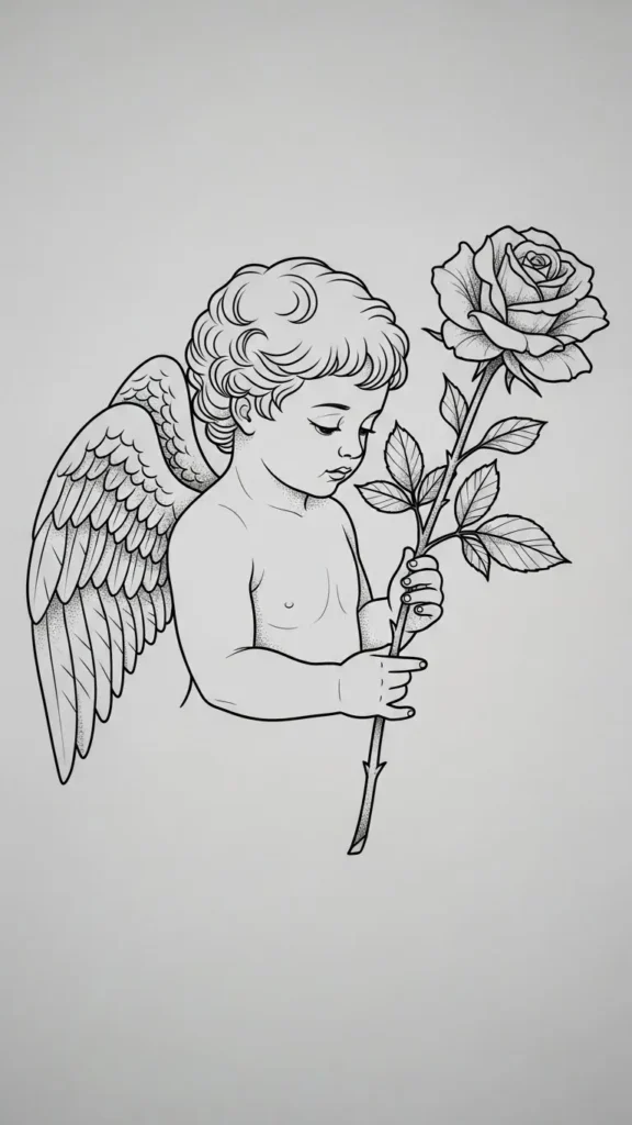 Line Art Cupid Holding Rose Stem