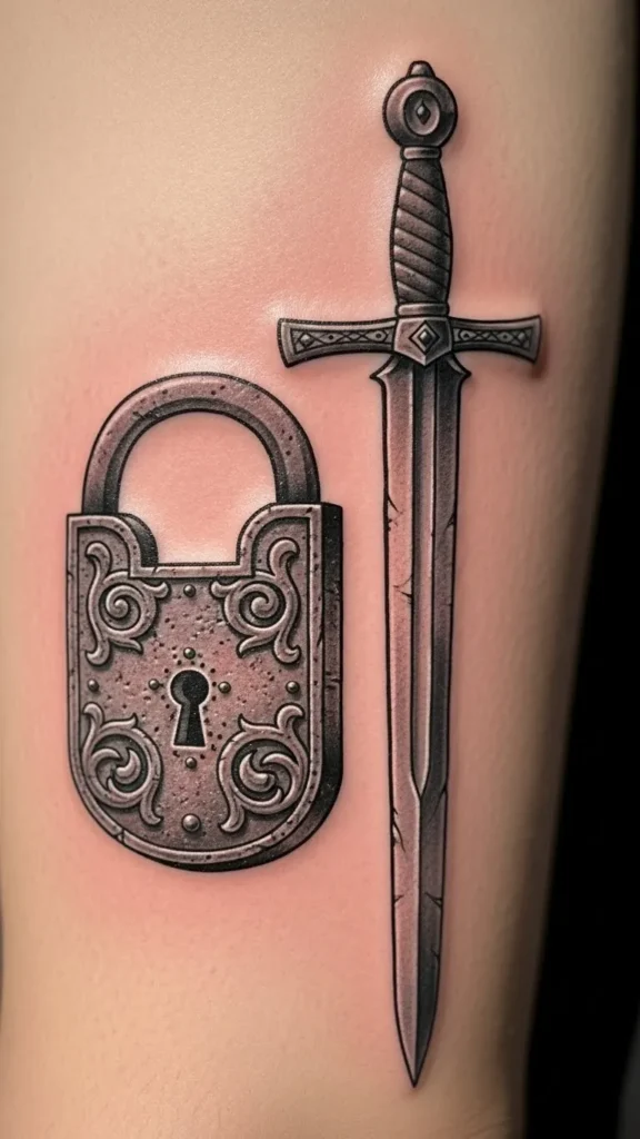 Medieval Lock with Long Knight Sword
