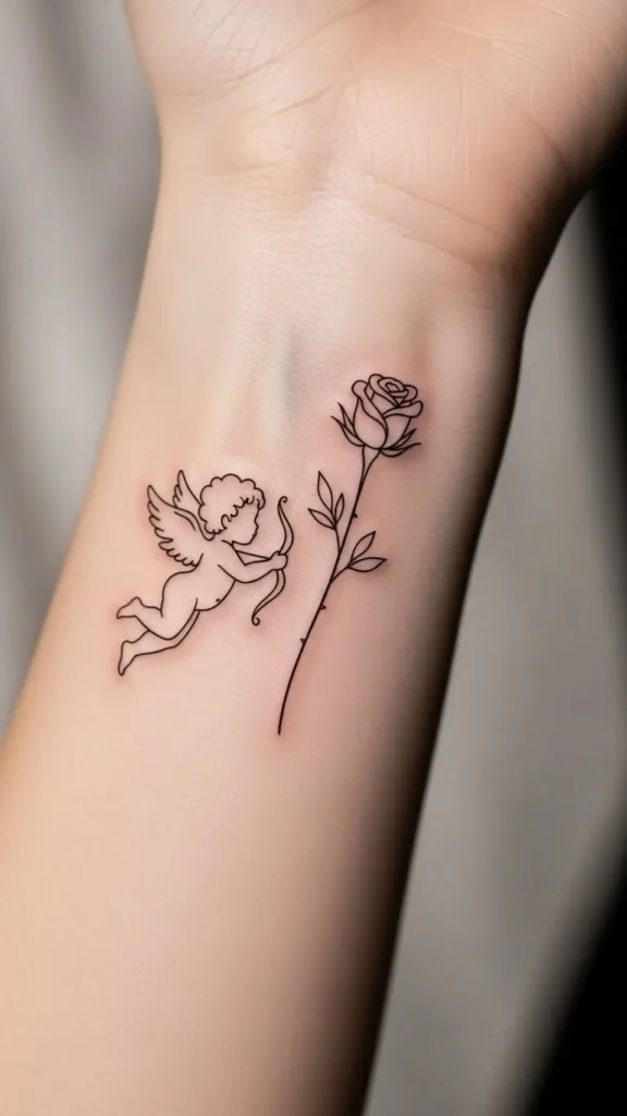 Minimal Cupid Outline with Stem Rose