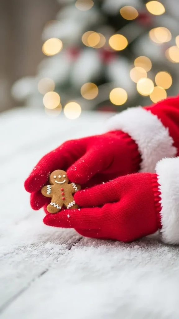 Santa Gloves Holding a Gingerbread Cookie