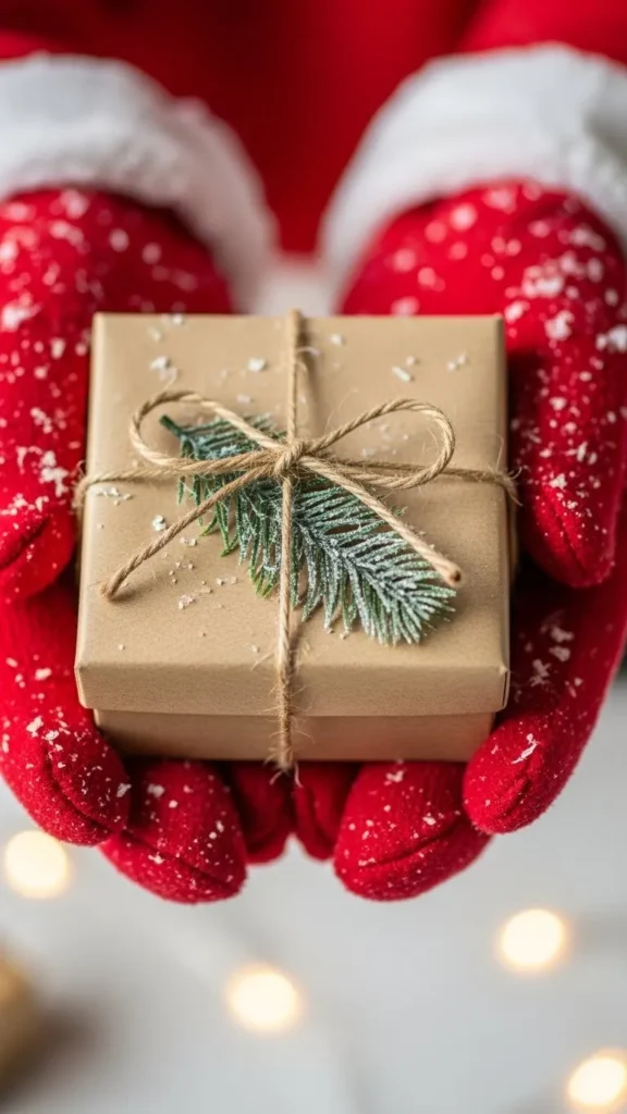Santa Gloves Holding a Mini Gift