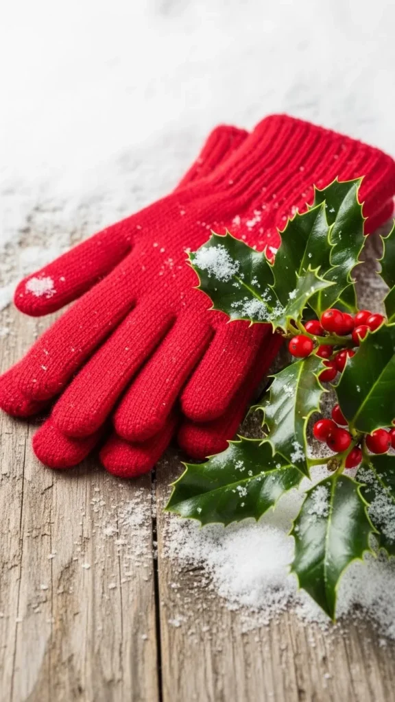 Santa Gloves With Holly Leaves