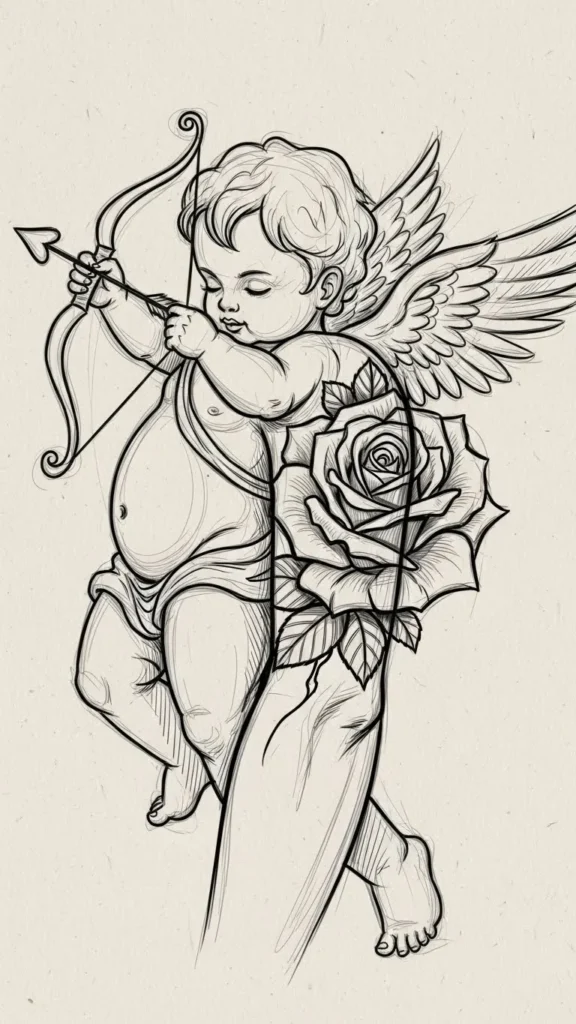 Simple Cupid Sketch with Open Rose
