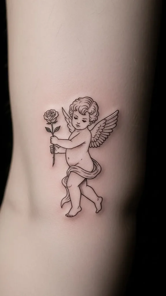 Soft Line Cupid with Single Rose