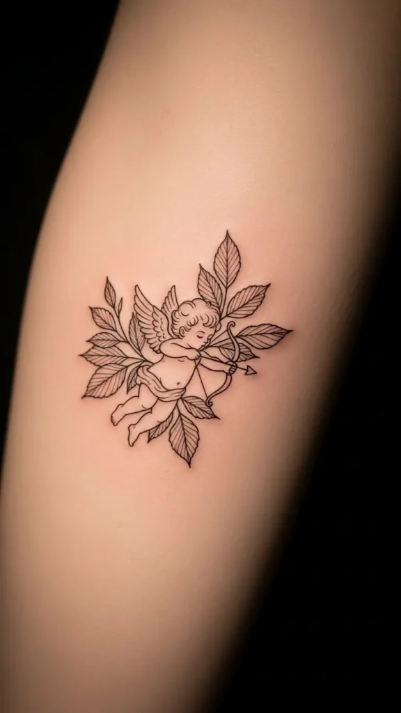 Tiny Cupid Hidden in Rose Leaves