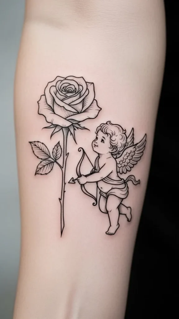 Tiny Cupid with Hand-Drawn Rose