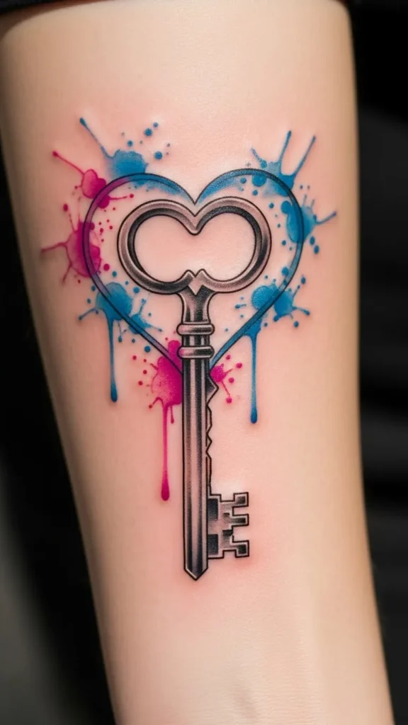 Watercolor Heart Key Tattoo