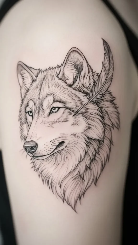 Wolf with Feather Accent