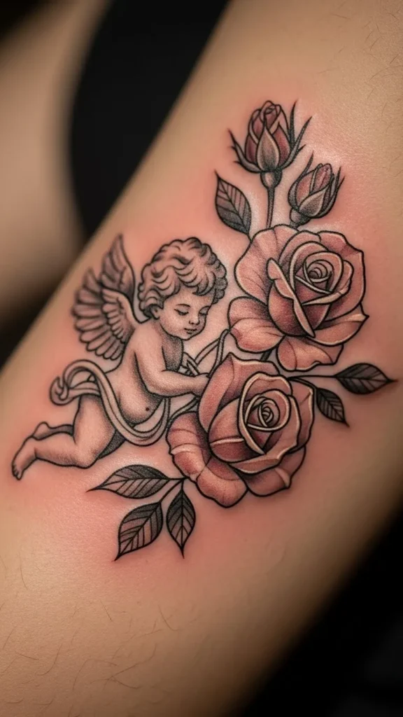 Cupid and Rose Tattoos