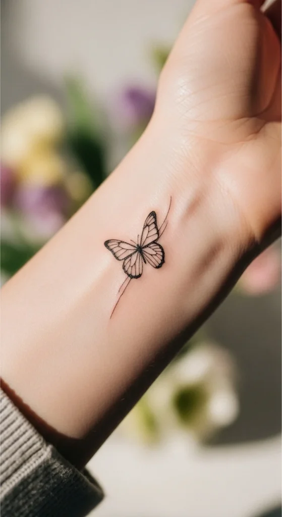 Fine Line Butterfly Wrist Tattoo