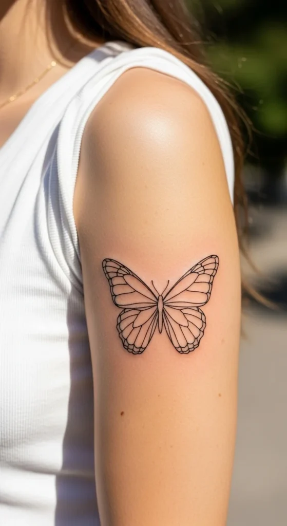 Outline Butterfly Upper Arm Tattoo