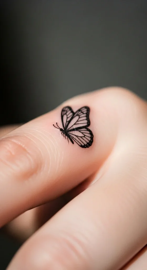 Tiny Butterfly Finger Tattoo