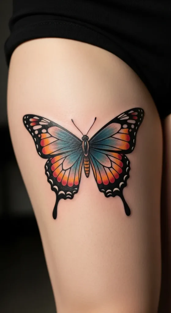 Bold Butterfly Thigh Tattoo