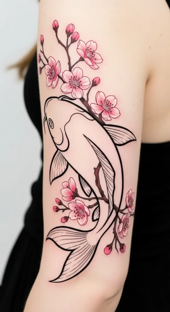 Cherry Blossom with Koi Outline