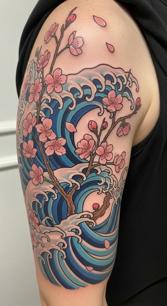 Cherry Blossom with Wave Lines