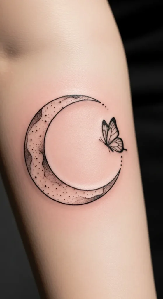 Crescent Moon With Butterfly Silhouette