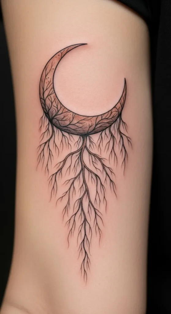 Crescent Moon With Root Lines