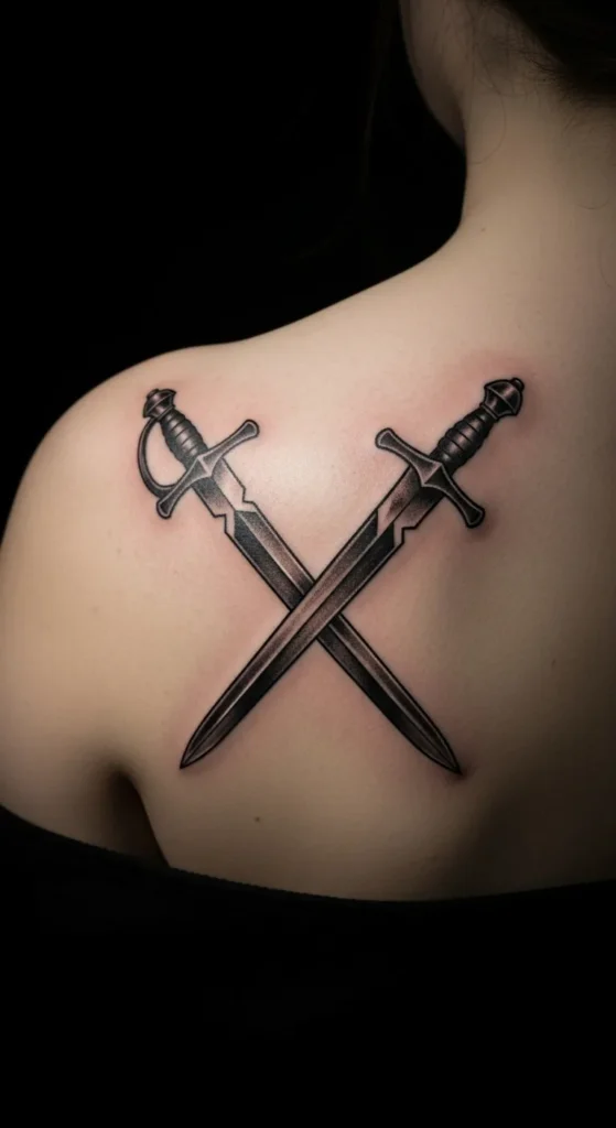 Crossed Swords Shoulder Tattoo