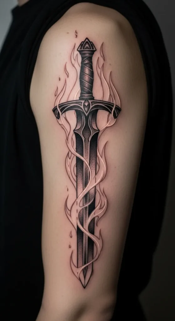 Flaming Sword Upper Arm Tattoo