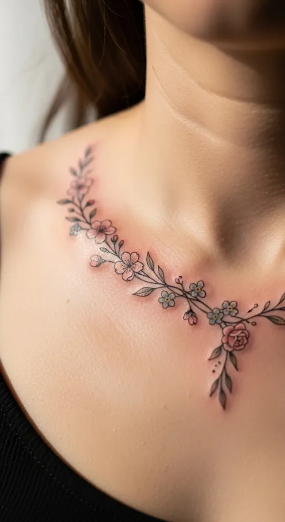Minimal Floral Collarbone Tattoo