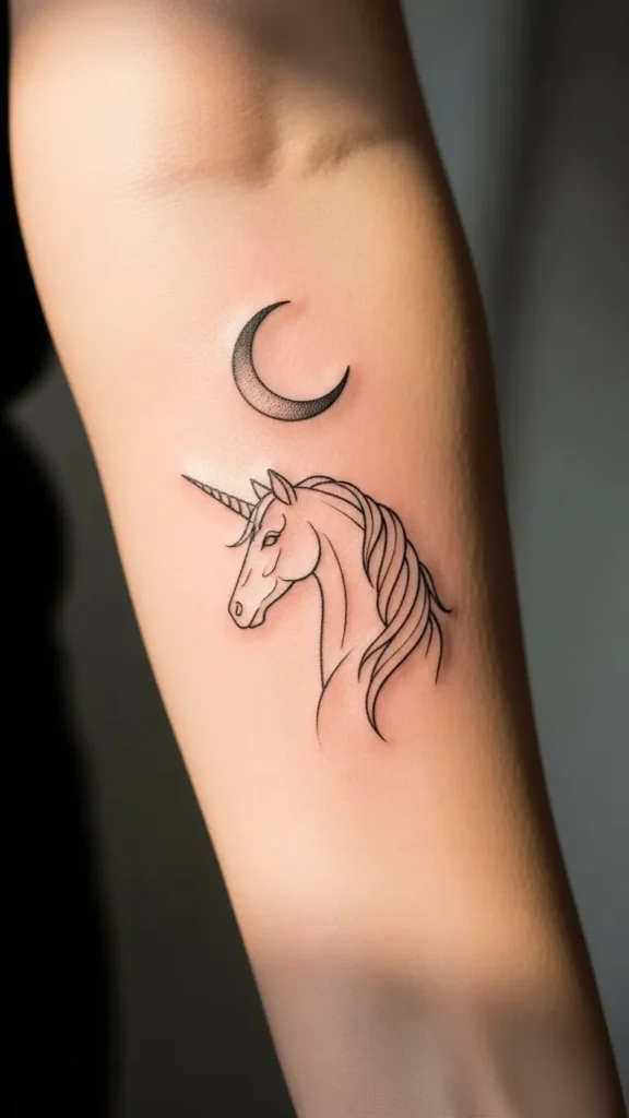 Moonlit Unicorn Line Tattoo