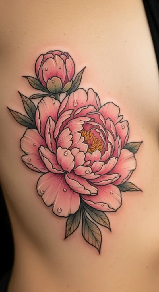 Peony Side Rib Tattoo