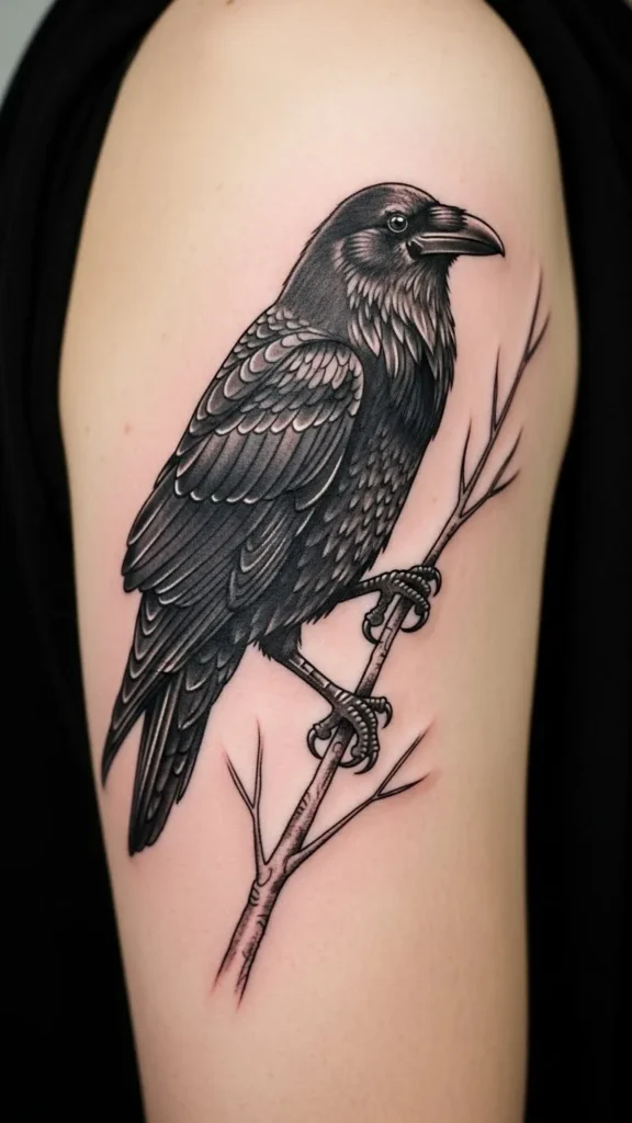 Perched Raven on Bare Branch