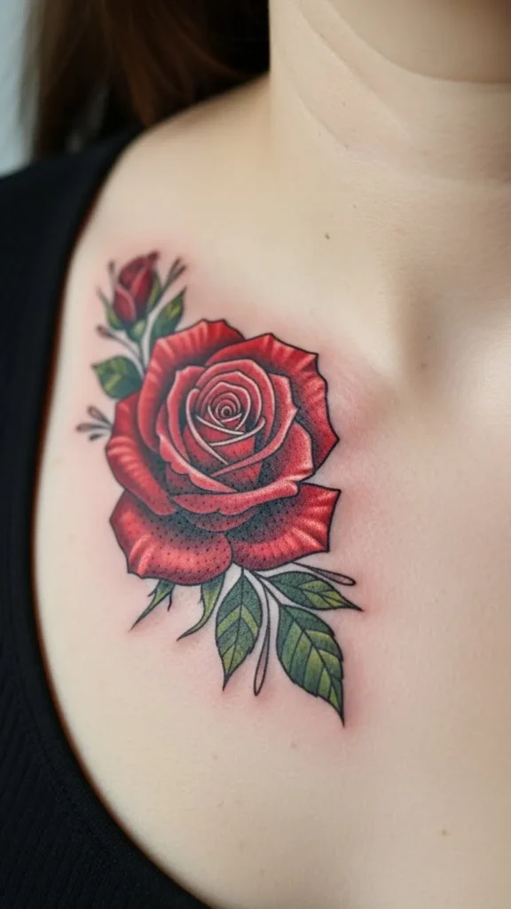  Red Rose Collarbone Tattoo