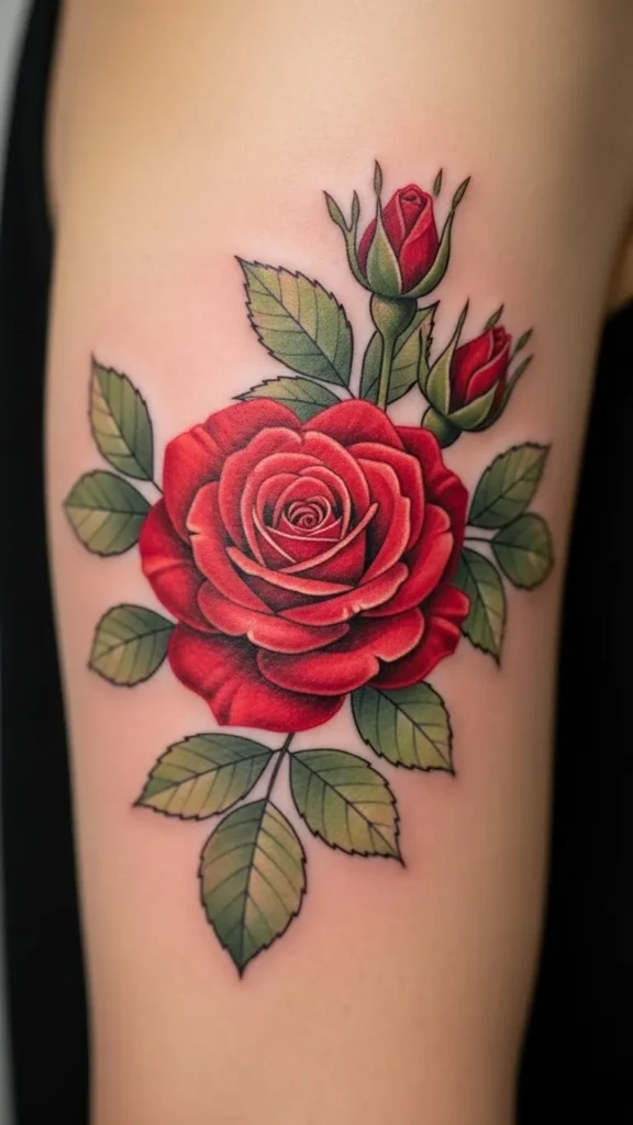 Red Rose With Leaves