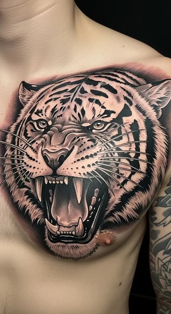 Roaring Tiger Chest Tattoo