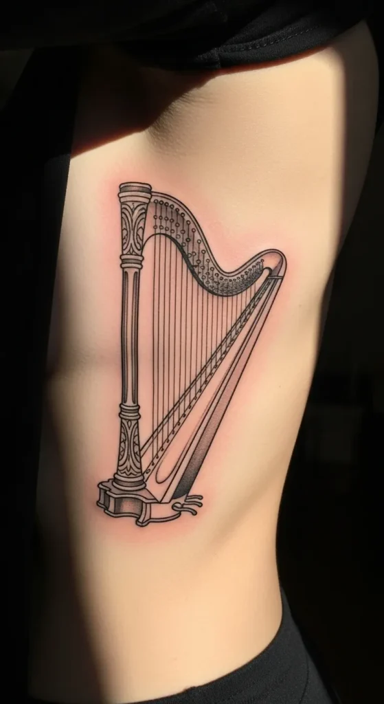 Side Rib Harp Tattoo