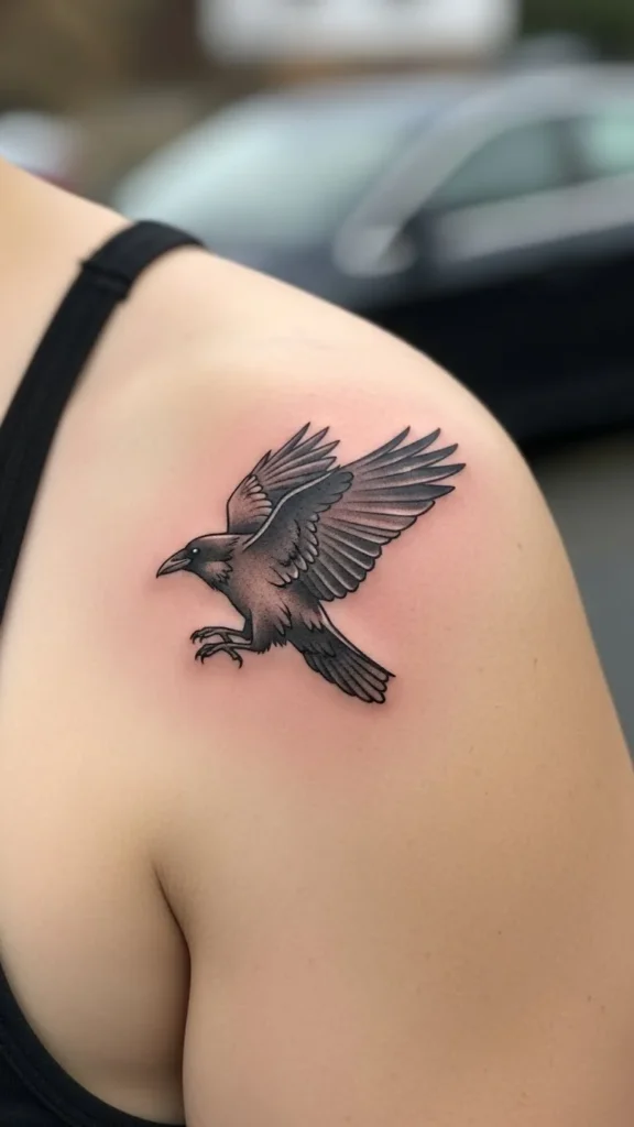 Small Raven Shoulder Tattoo