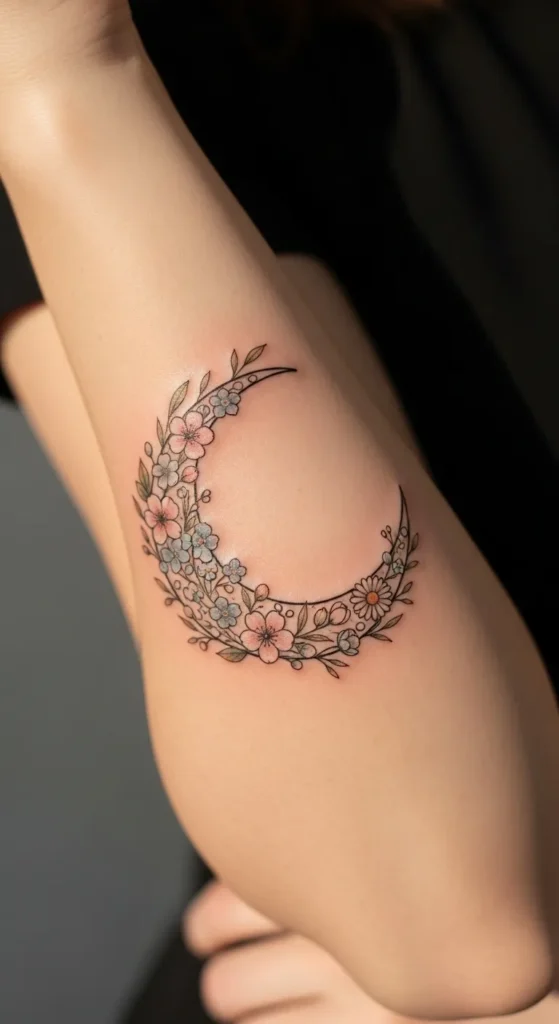 Soft Crescent Moon With Flowers
