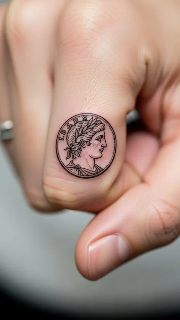 Tiny Coin Tattoo on Finger Side