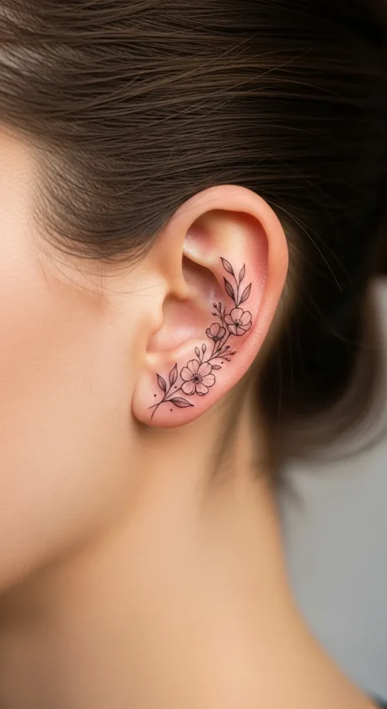 Tiny Floral Ear Tattoo